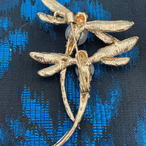 Dragonfly Brooch With Faux Pearls & Rhinestones Gold-tone 2.5" Elegant Pin Jewel - Picture 2 of 3